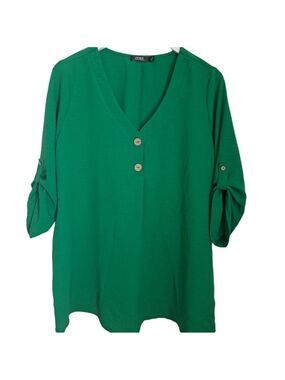 CURE KELLY GREEN lightweight flowy tunic top V neck cuff up sleeves Coastal 2X
